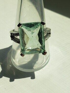 NEW Sz 9.5 Sterling Stamped Aquamarine Ring, Large, Pale Aqua Green, Emerald-cut